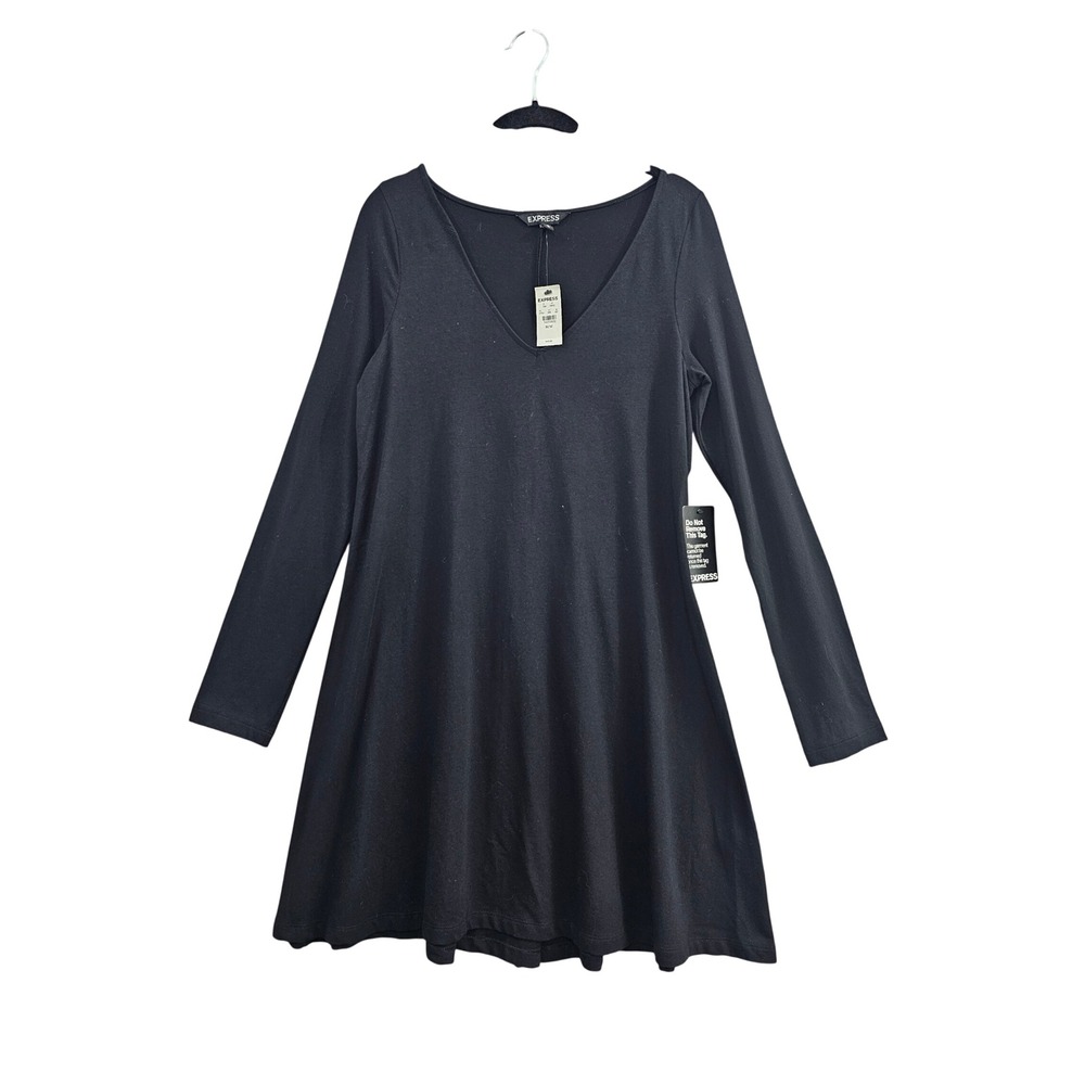 Express Dress Women Medium Black Solid V-Neck Long Sleeve Cotton Modal A-Line